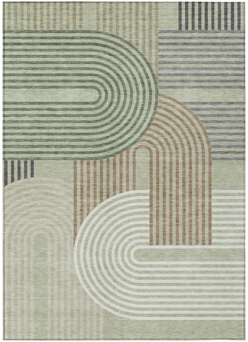 Green And Brown Geometric Washable Indoor Outdoor Area Rug Photo 2