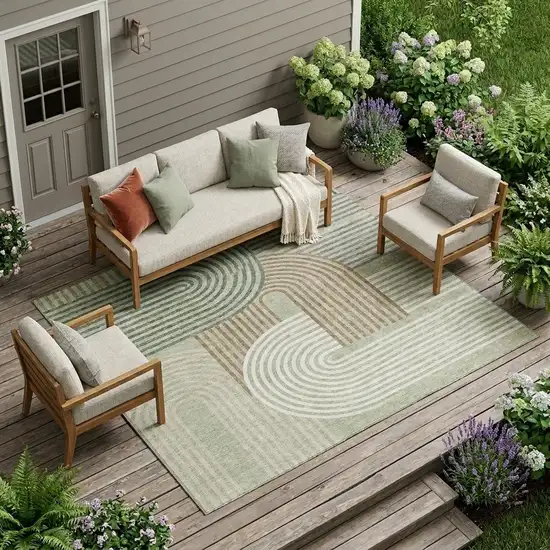 Green And Brown Geometric Washable Indoor Outdoor Area Rug Photo 1
