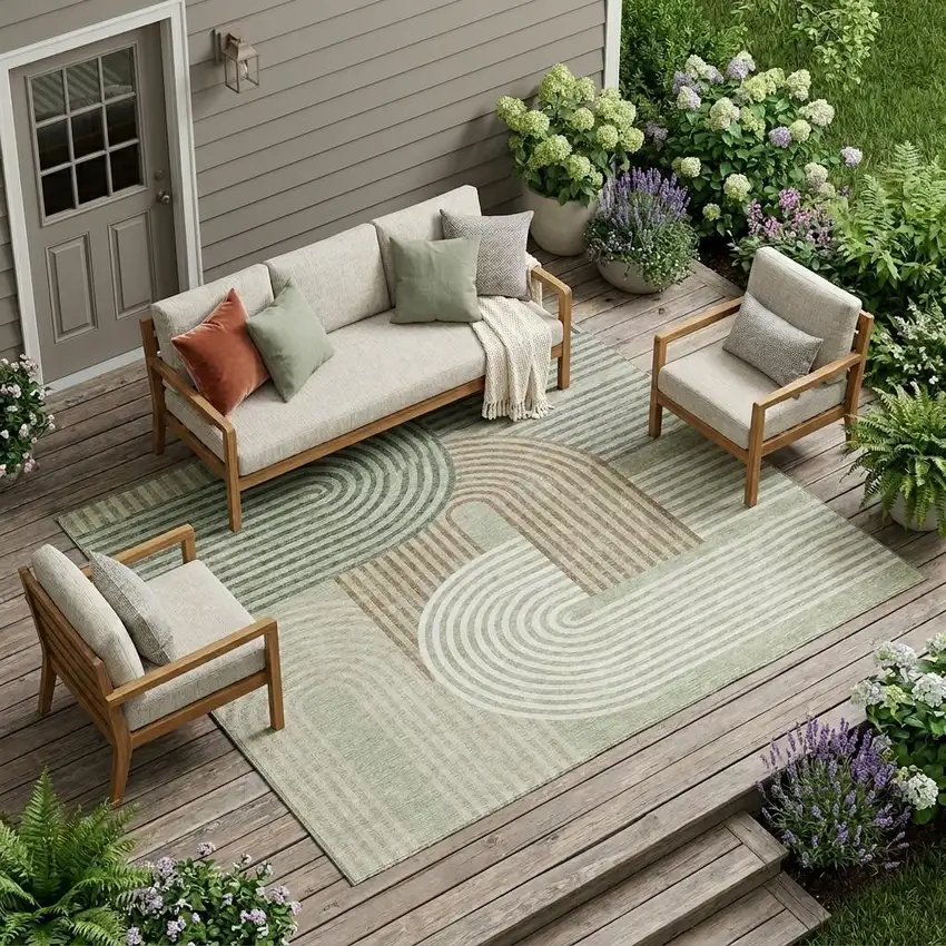 Green And Brown Geometric Washable Indoor Outdoor Area Rug Photo 1