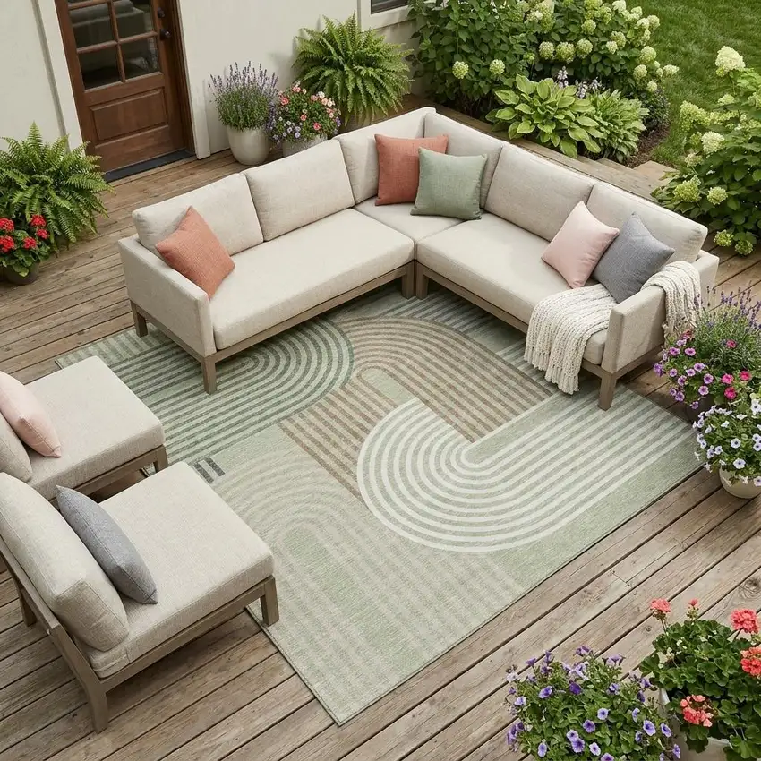 Green And Brown Geometric Washable Indoor Outdoor Area Rug Photo 1