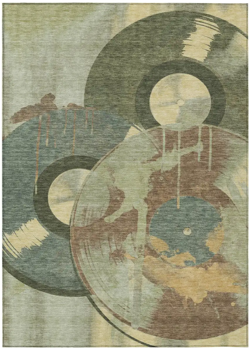 Green And Brown Geometric Washable Indoor Outdoor Area Rug Photo 1