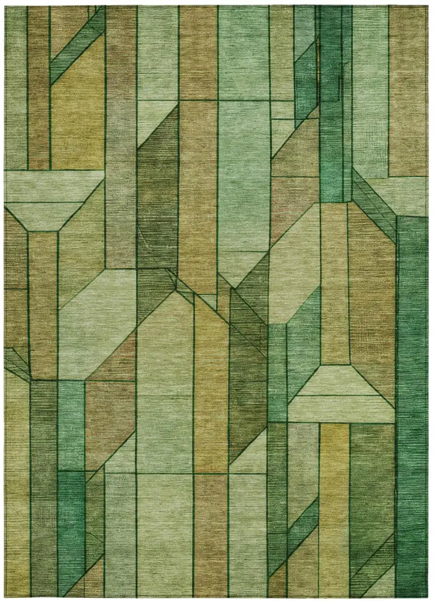 Green And Brown Geometric Washable Indoor Outdoor Area Rug Photo 1