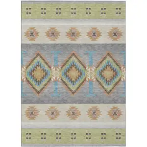 Photo of Green And Brown Southwestern Washable Indoor Outdoor Area Rug