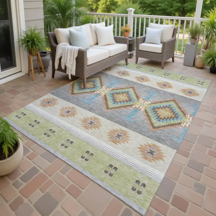 Green And Brown Southwestern Washable Indoor Outdoor Area Rug Photo 4