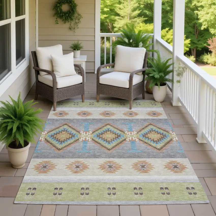 Green And Brown Southwestern Washable Indoor Outdoor Area Rug Photo 7