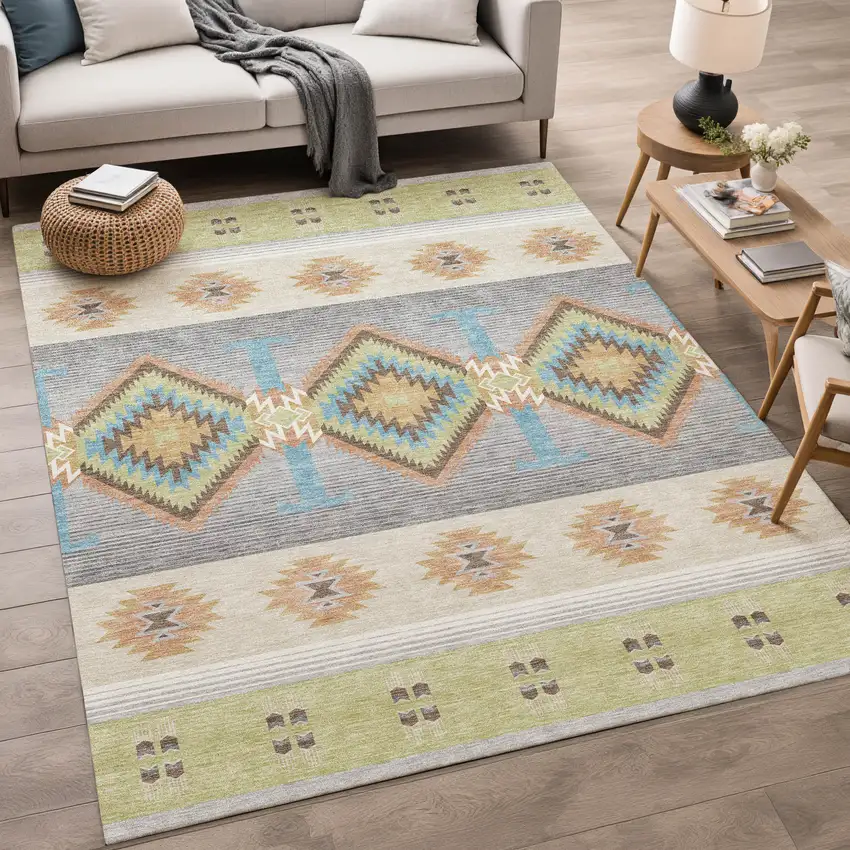 Green And Brown Southwestern Washable Indoor Outdoor Area Rug Photo 5