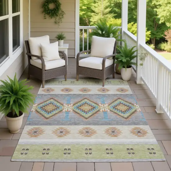 Green And Brown Southwestern Washable Indoor Outdoor Area Rug Photo 7