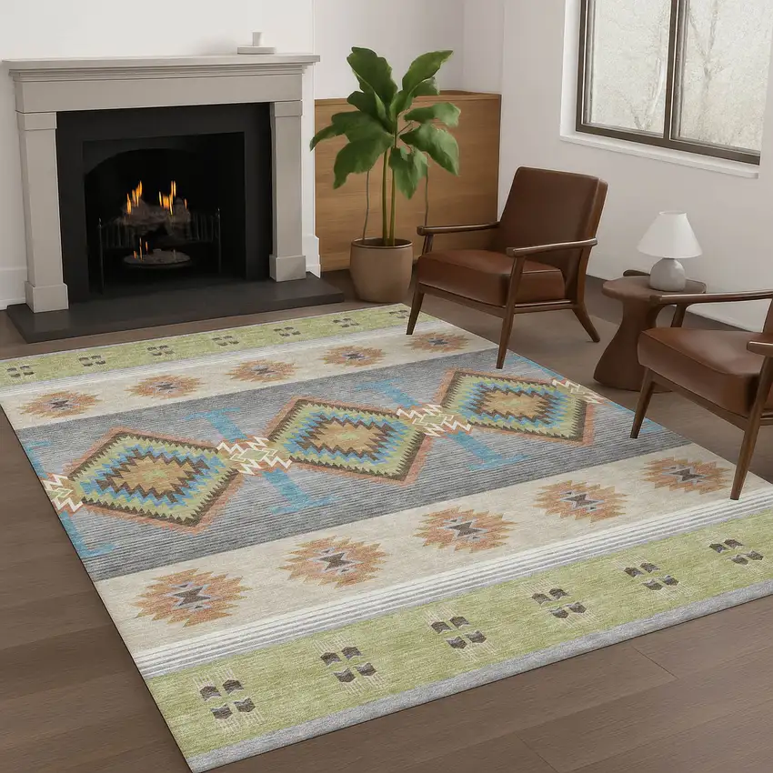 Green And Brown Southwestern Washable Indoor Outdoor Area Rug Photo 6