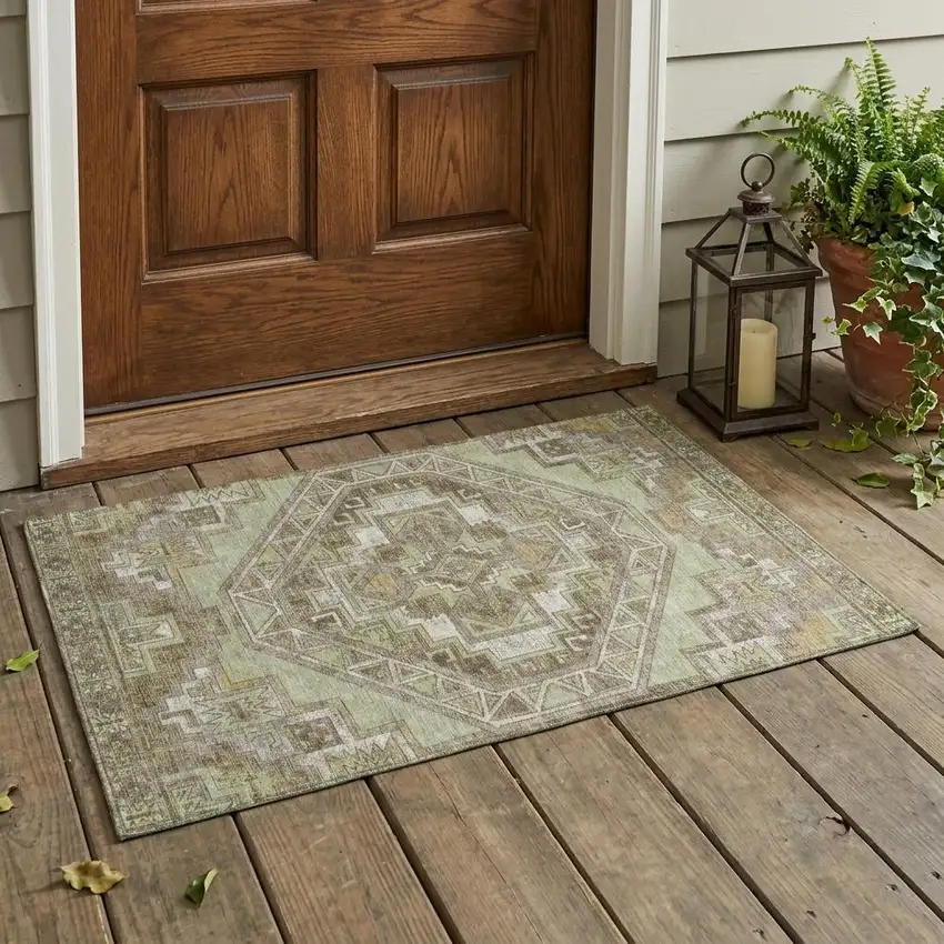 Green And Brown Southwestern Washable Indoor Outdoor Area Rug Photo 1