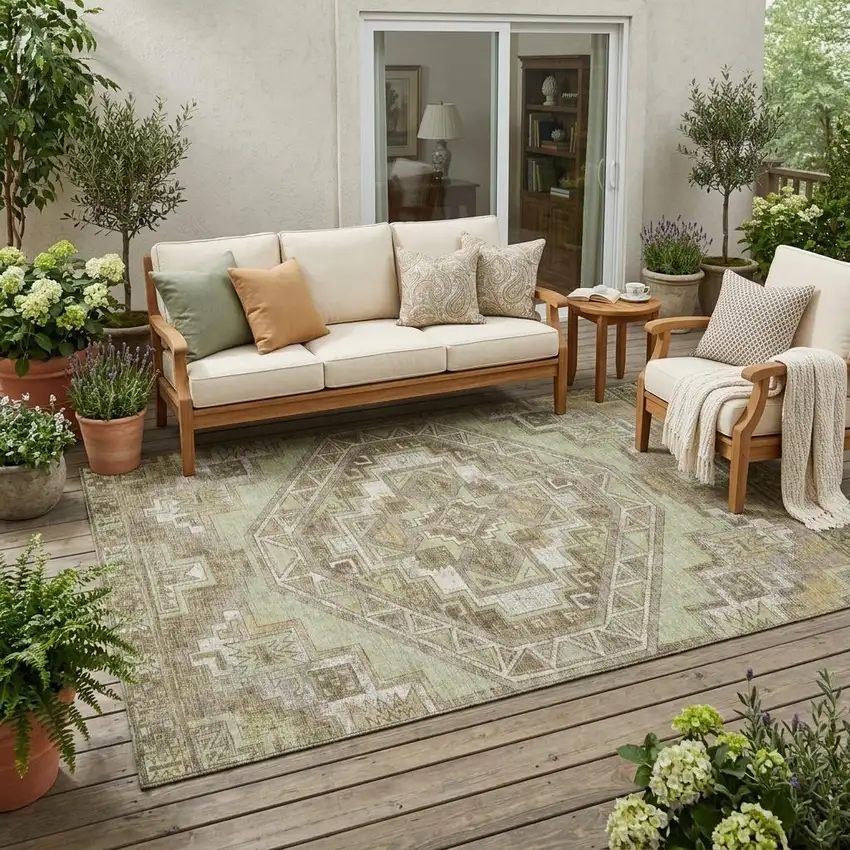 Green And Brown Southwestern Washable Indoor Outdoor Area Rug Photo 1