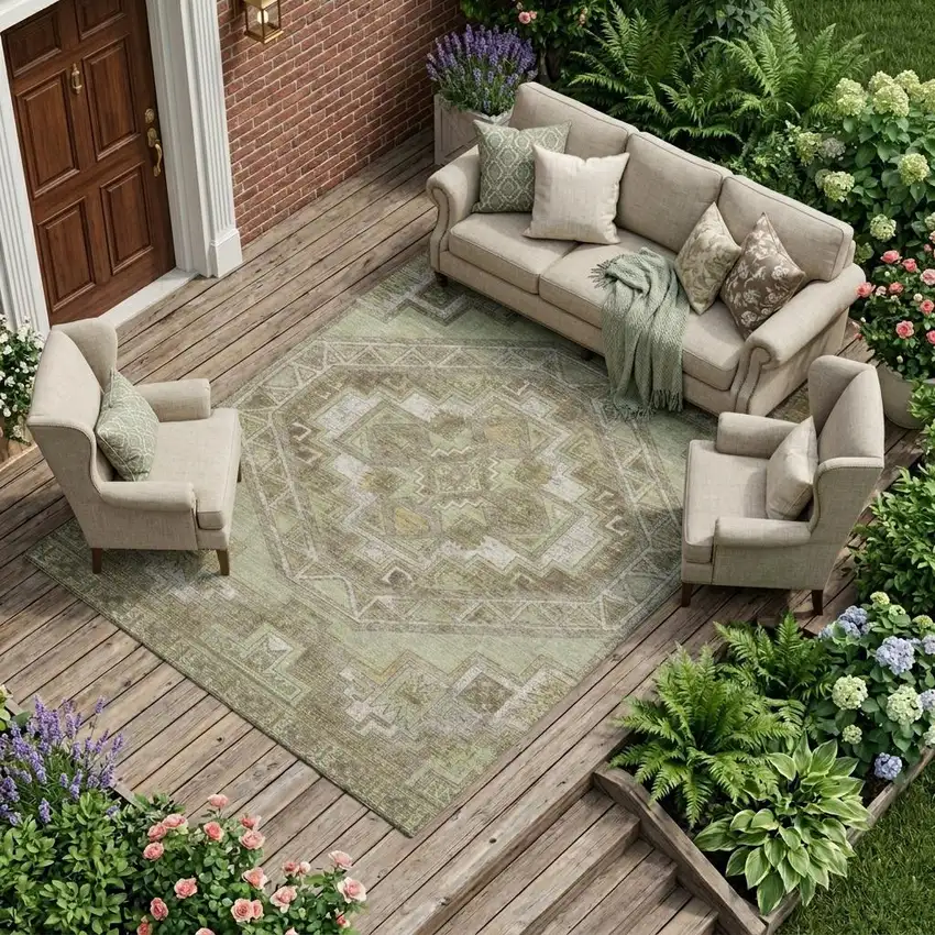 Green And Brown Southwestern Washable Indoor Outdoor Area Rug Photo 1
