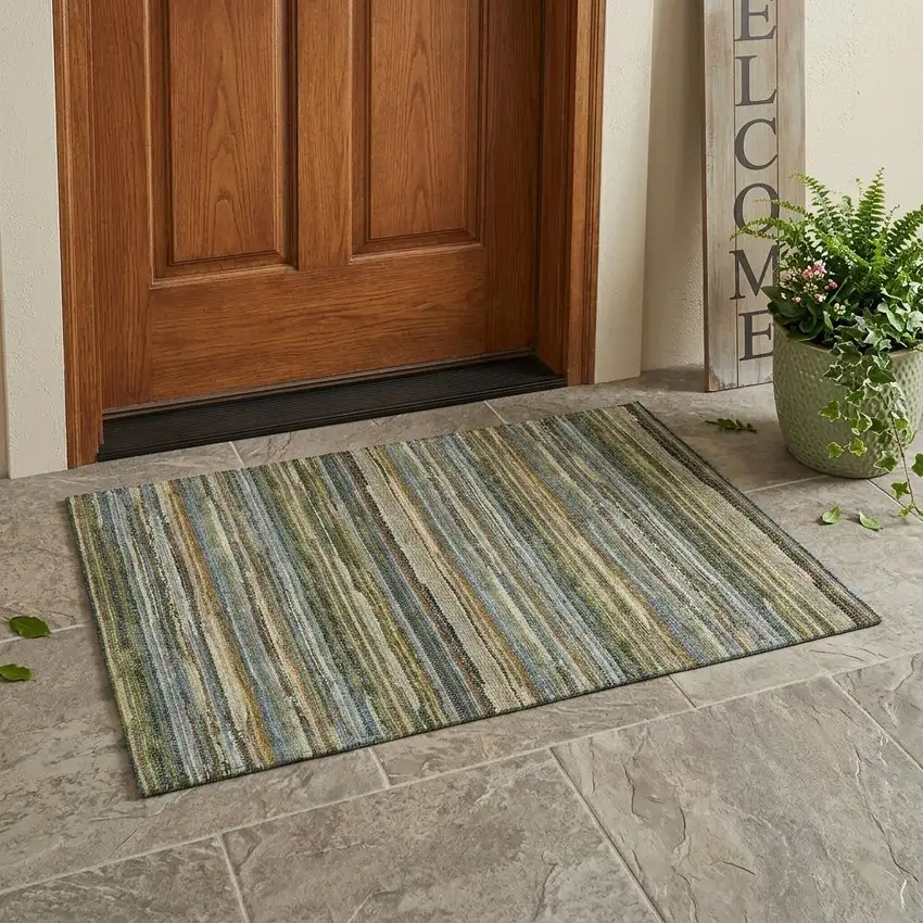 Green And Brown Striped Washable Indoor Outdoor Area Rug Photo 1