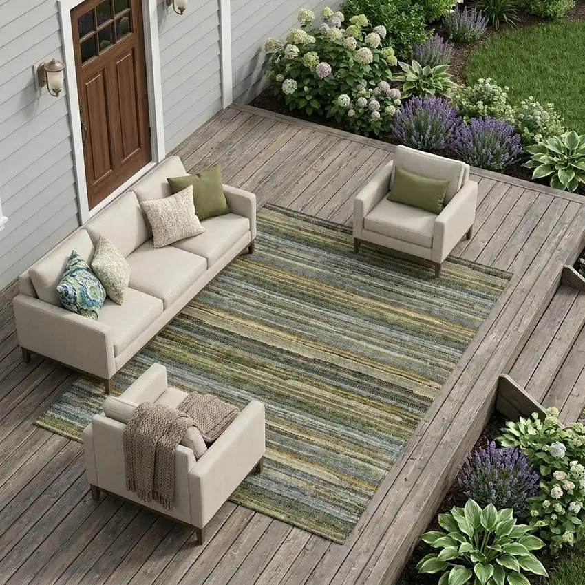 Green And Brown Striped Washable Indoor Outdoor Area Rug Photo 1