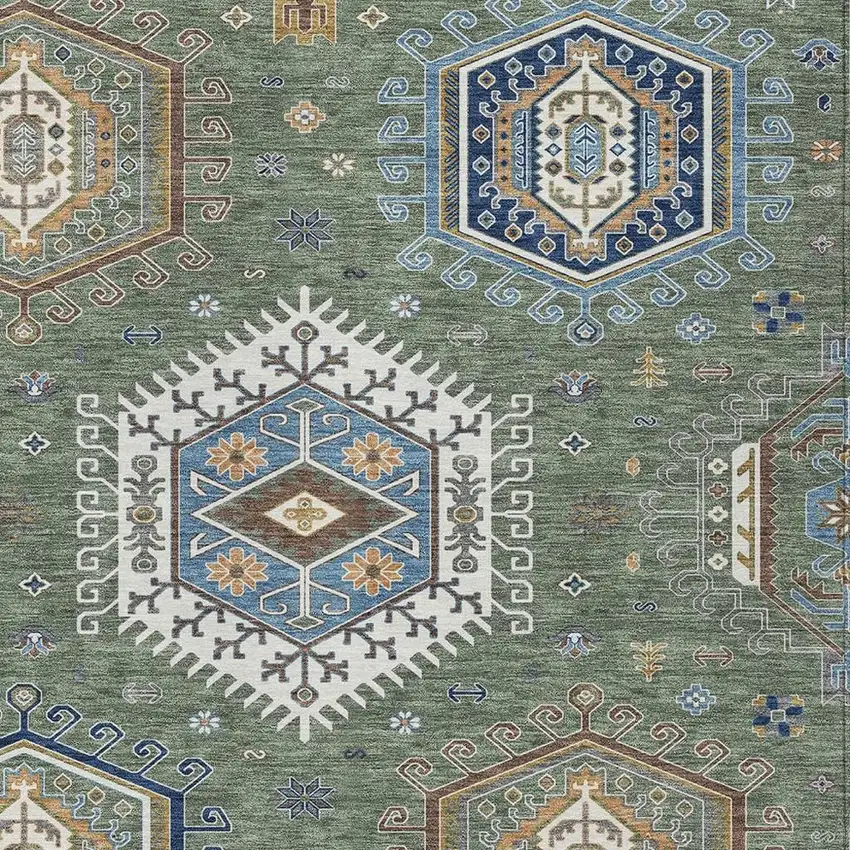 Green And Brown Tribal Washable Indoor Outdoor Area Rug Photo 2