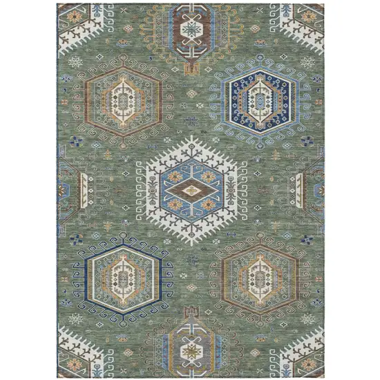 Green And Brown Tribal Washable Indoor Outdoor Area Rug Photo 1