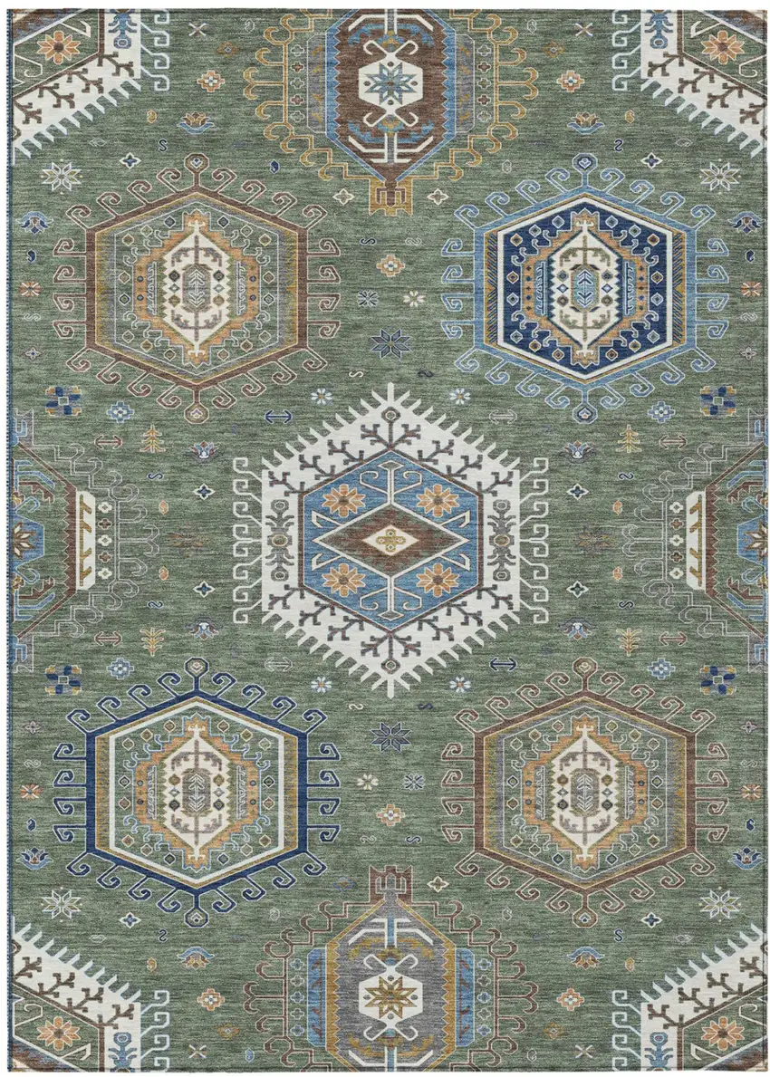 Green And Brown Tribal Washable Indoor Outdoor Area Rug Photo 1