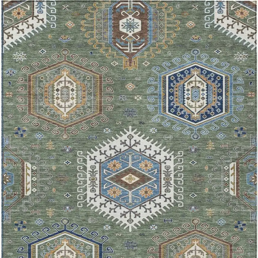 Green And Brown Tribal Washable Indoor Outdoor Area Rug Photo 3