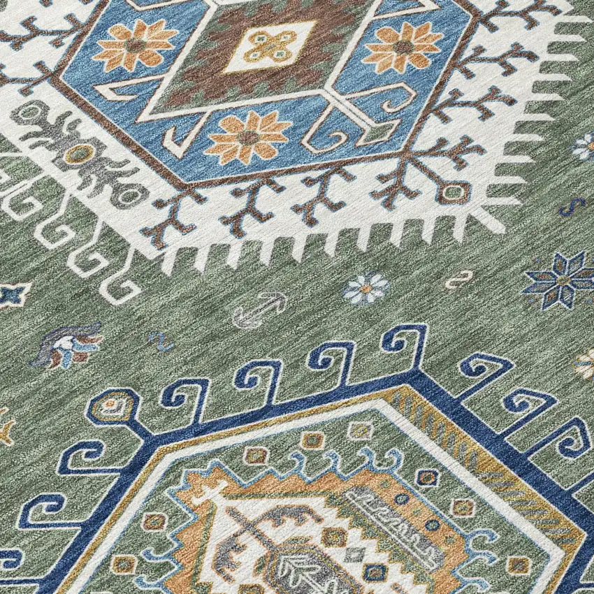 Green And Brown Tribal Washable Indoor Outdoor Area Rug Photo 4