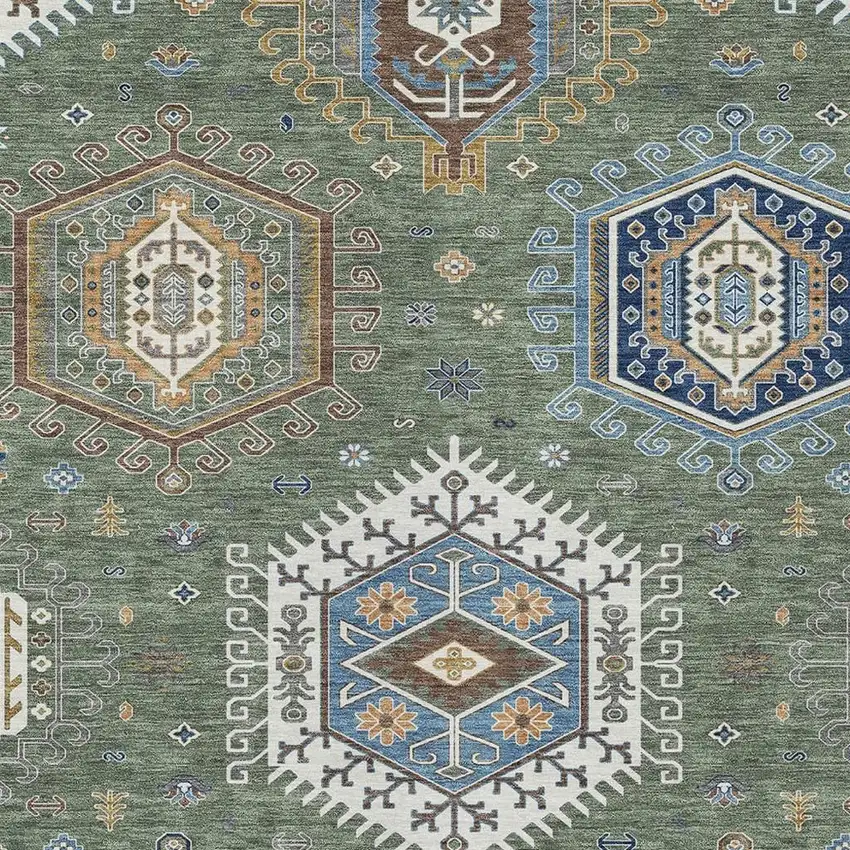 Green And Brown Tribal Washable Indoor Outdoor Area Rug Photo 2