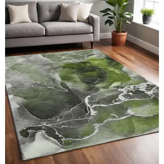 Green And Charcoal Abstract Washable Area Rug With UV Protection Photo 2