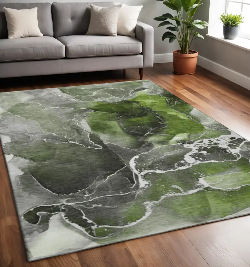 Green And Charcoal Abstract Washable Area Rug With UV Protection Photo 2