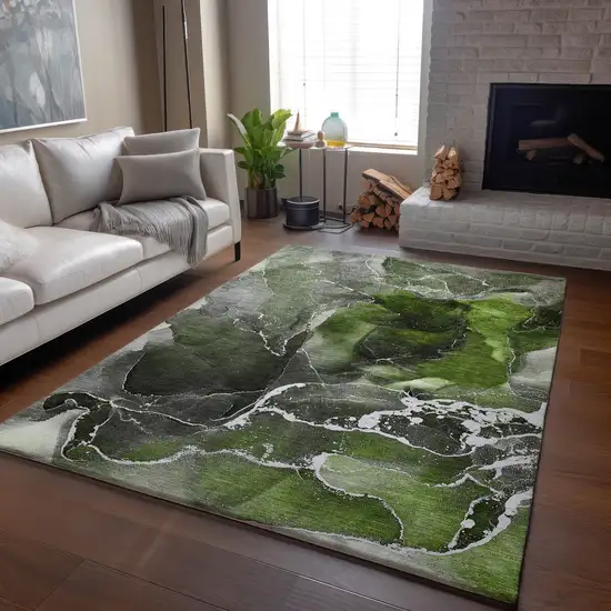 Green And Charcoal Abstract Washable Area Rug With UV Protection Photo 7