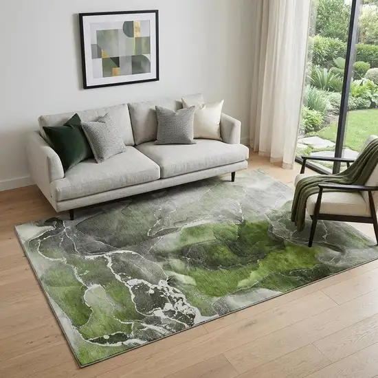 Green And Charcoal Abstract Washable Area Rug With UV Protection Photo 1