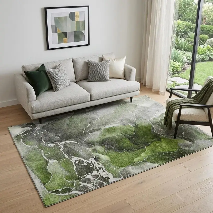 Green And Charcoal Abstract Washable Area Rug With UV Protection Photo 1