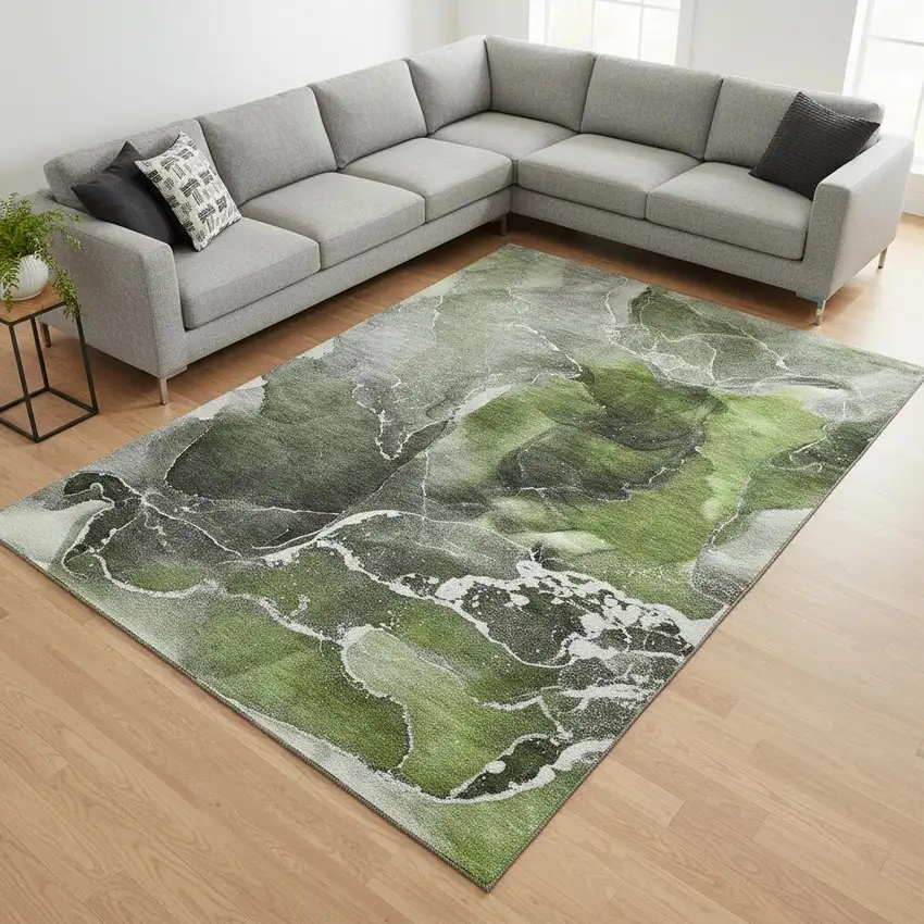 Green And Charcoal Abstract Washable Area Rug With UV Protection Photo 1