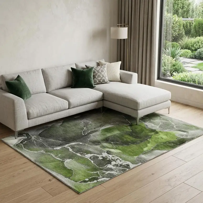 Green And Charcoal Abstract Washable Area Rug With UV Protection Photo 1