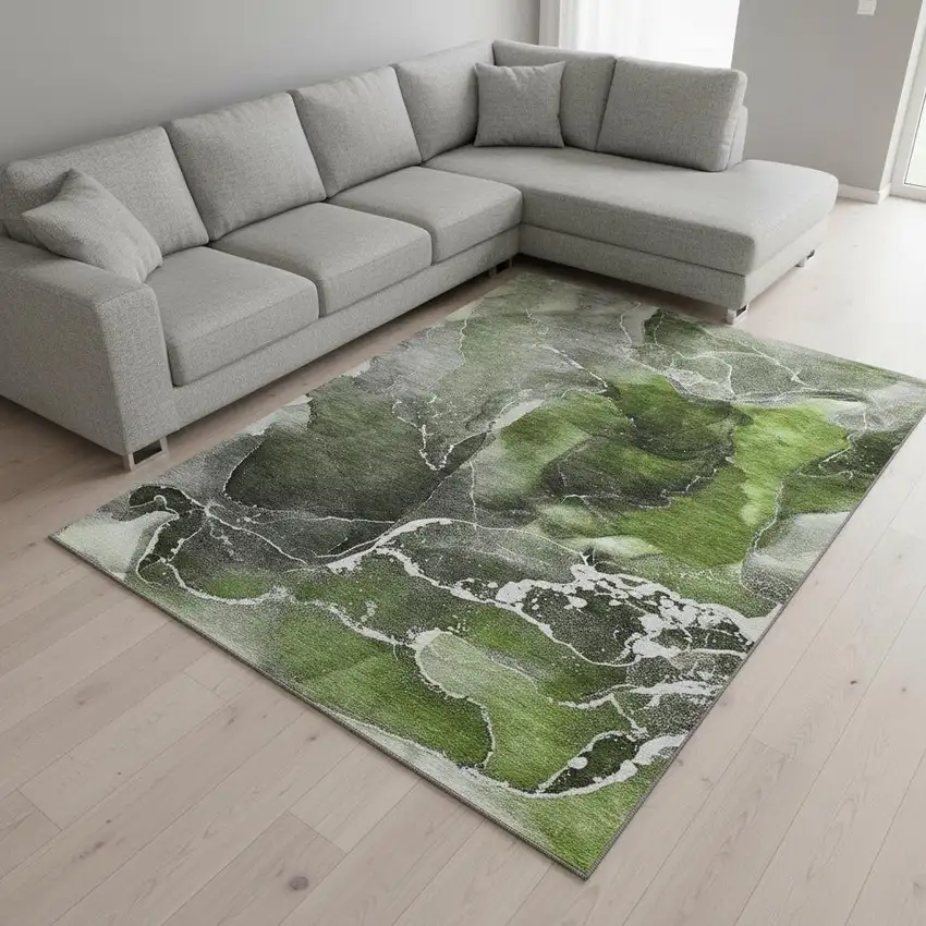 Green And Charcoal Abstract Washable Area Rug With UV Protection Photo 1