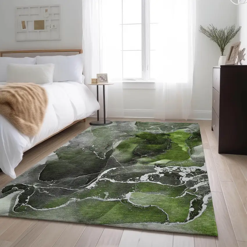 Green And Charcoal Abstract Washable Area Rug With UV Protection Photo 6