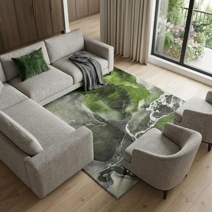 Green And Charcoal Abstract Washable Area Rug With UV Protection Photo 1