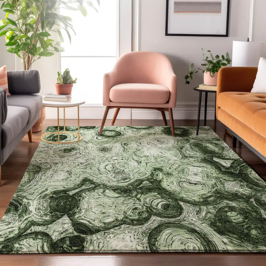 Green And Charcoal Abstract Washable Area Rug With UV Protection Photo 6