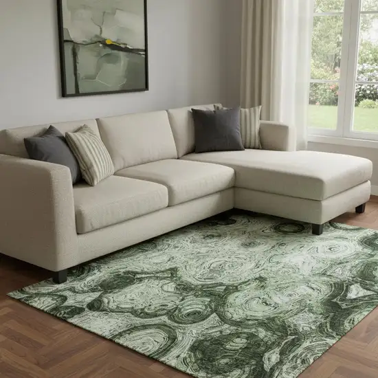 Green And Charcoal Abstract Washable Area Rug With UV Protection Photo 1