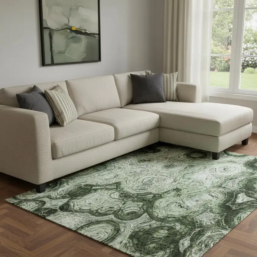 Green And Charcoal Abstract Washable Area Rug With UV Protection Photo 1