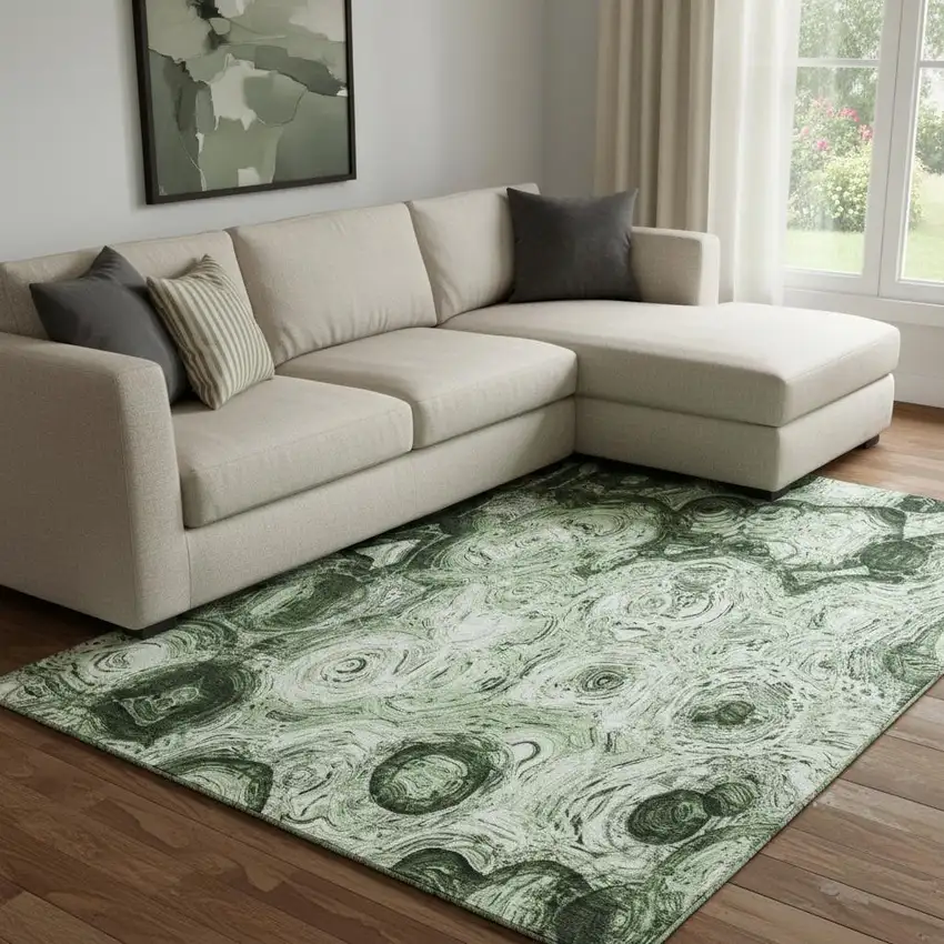 Green And Charcoal Abstract Washable Area Rug With UV Protection Photo 1