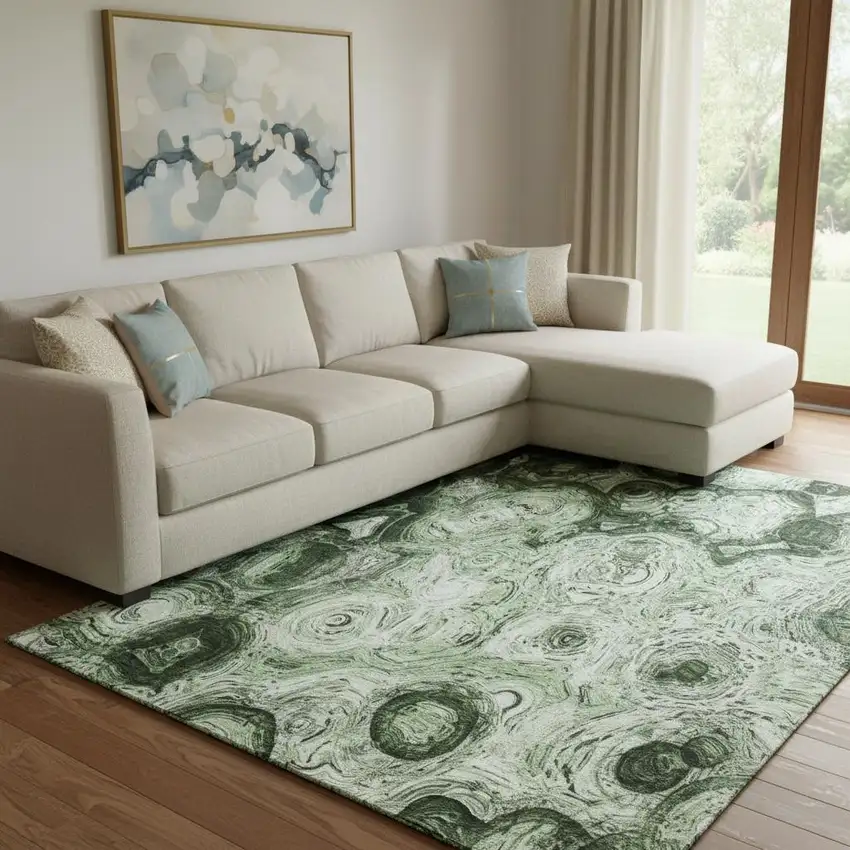 Green And Charcoal Abstract Washable Area Rug With UV Protection Photo 1