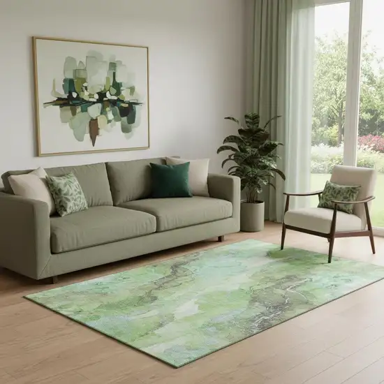 Green And Charcoal Abstract Washable Area Rug With UV Protection Photo 2