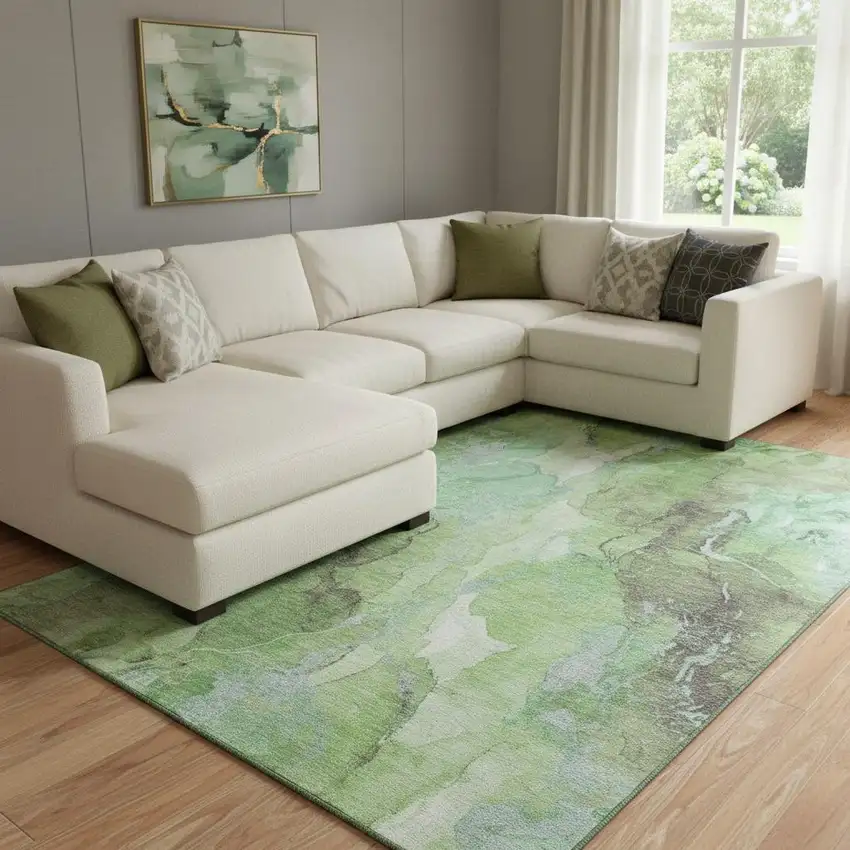 Green And Charcoal Abstract Washable Area Rug With UV Protection Photo 2