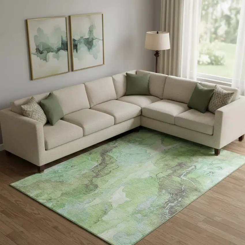 Green And Charcoal Abstract Washable Area Rug With UV Protection Photo 2