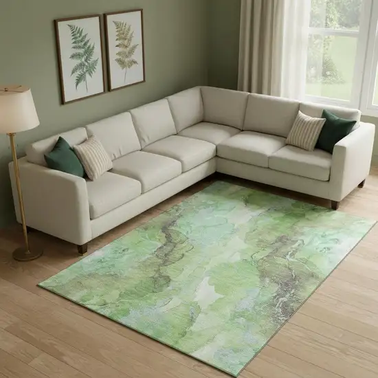 Green And Charcoal Abstract Washable Area Rug With UV Protection Photo 2