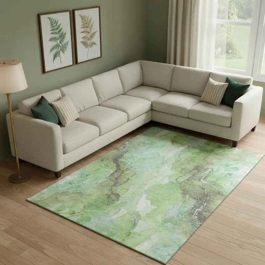Green And Charcoal Abstract Washable Area Rug With UV Protection Photo 2