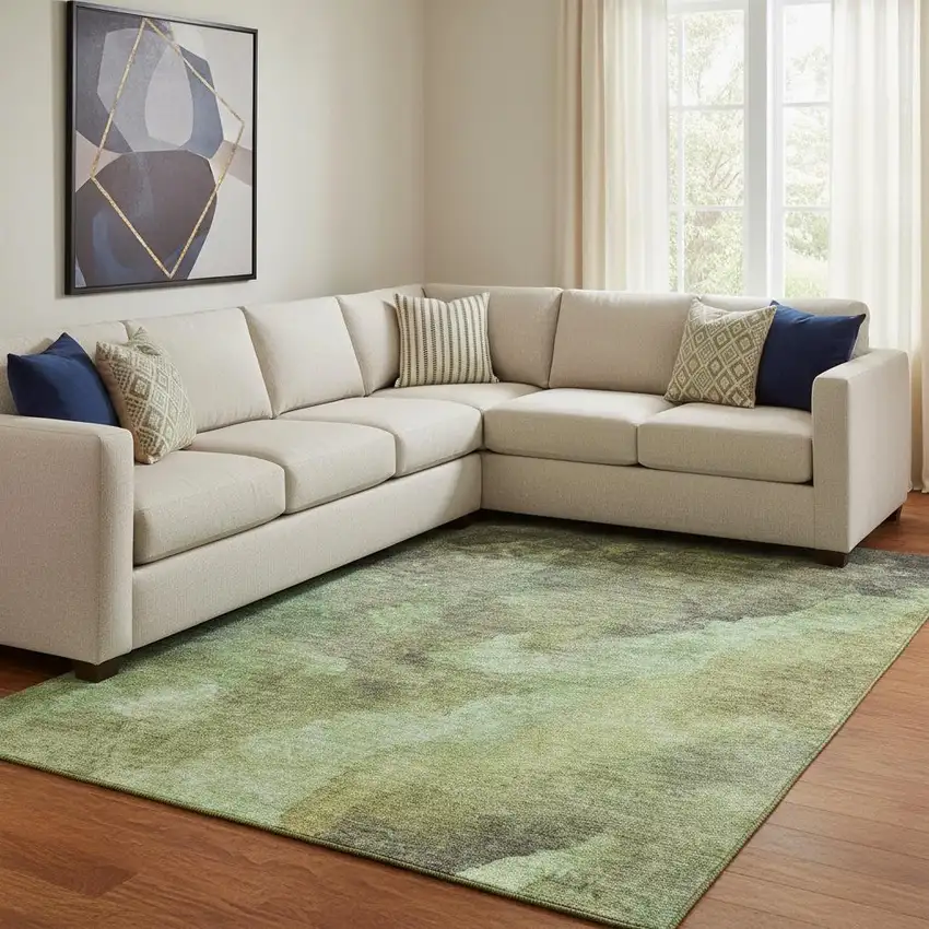 Green And Charcoal Abstract Washable Area Rug With UV Protection Photo 2