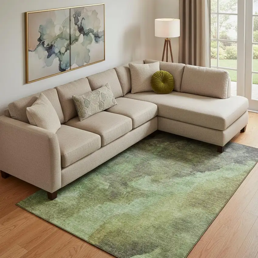 Green And Charcoal Abstract Washable Area Rug With UV Protection Photo 2