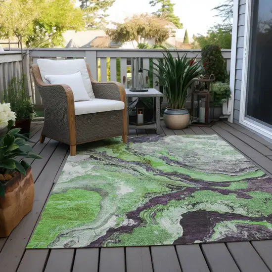 Green And Charcoal Abstract Washable Indoor Outdoor Area Rug Photo 5