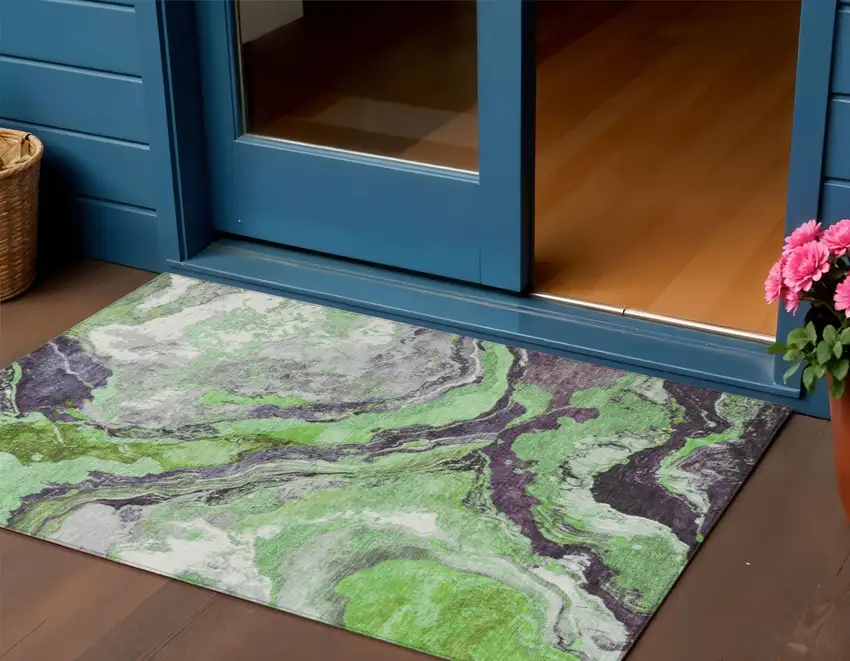 Green And Charcoal Abstract Washable Indoor Outdoor Area Rug Photo 2