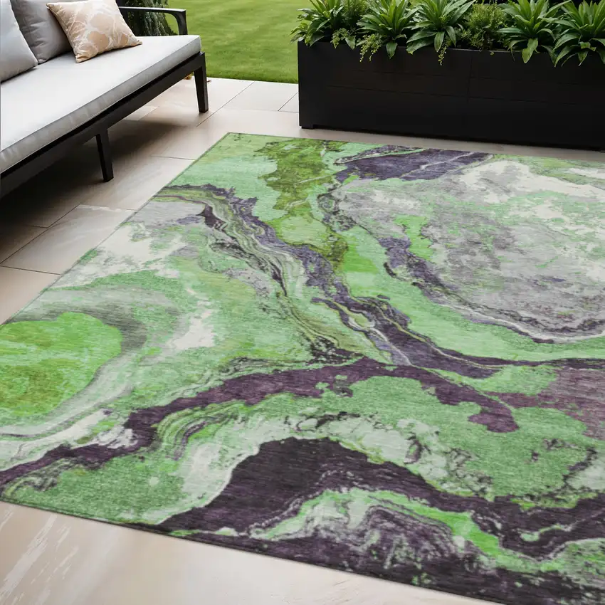 Green And Charcoal Abstract Washable Indoor Outdoor Area Rug Photo 2