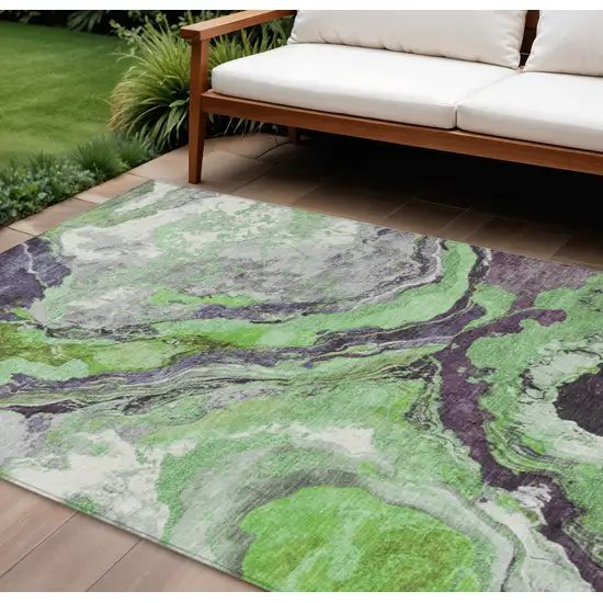 Green And Charcoal Abstract Washable Indoor Outdoor Area Rug Photo 2