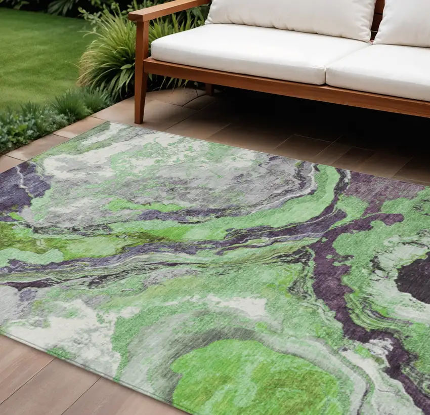 Green And Charcoal Abstract Washable Indoor Outdoor Area Rug Photo 2
